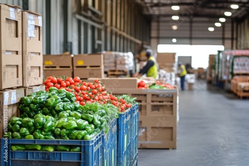 A food distribution center with workers loading crates of fresh vegetables and fruits onto delivery trucks, with a warehouse filled with pallets of packaged goods ready for retail stores