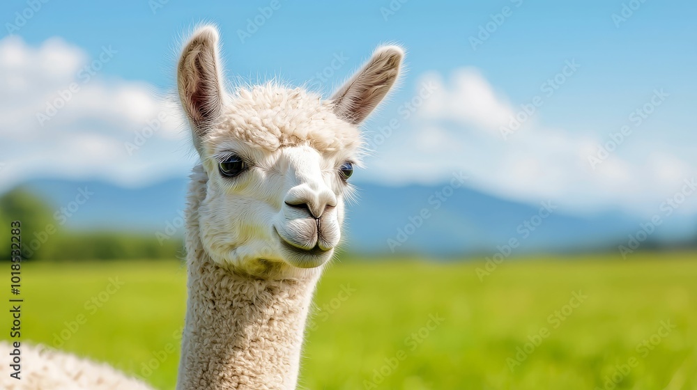 Fototapeta premium Fluffy alpaca standing in a vibrant green meadow, mountains in the background under a clear blue sky