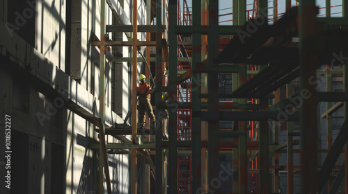 construction worker is seen on scaffolding, engaged in building work, surrounded by structural elements and shadows, showcasing industrious atmosphere of construction site