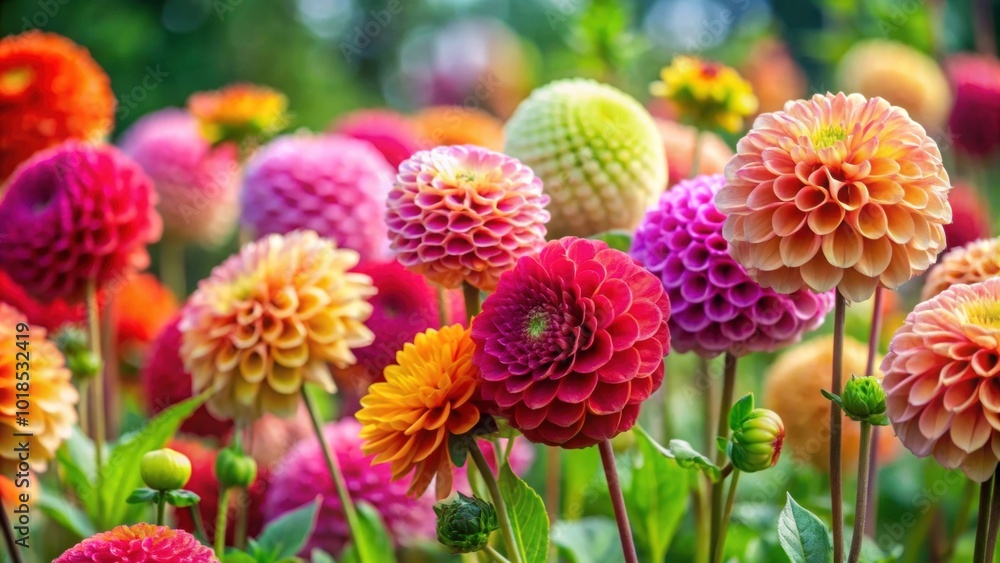 Vibrant pompon dahlias flowers blooming in a garden, pompon dahlias, flowers, garden, blooming, vibrant, colorful, nature, petals Vibrant pompon dahlias flowers blooming in a garden, pompon dahlias, flowers, garden, blooming, vibrant, colorful, nature, petals