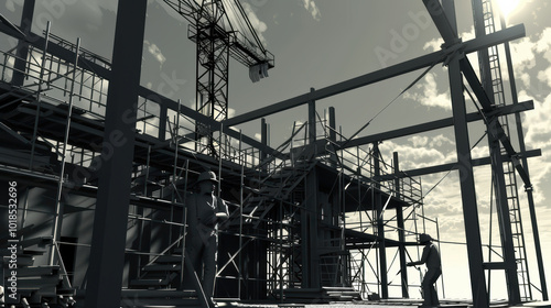 Construction workers are seen on building site, surrounded by scaffolding and steel structures under cloudy sky. scene captures essence of teamwork and progress in construction