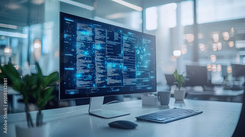 Fototapeta premium Modern Workplace with Computer and Code on Screen