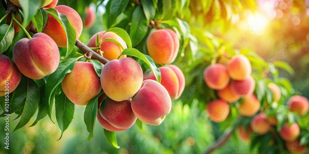 Sweet peaches on a peach tree being blown by the wind in Yamanashi, Japan , fresh, fruit, ripe, harvest, orchard, agriculture Sweet peaches on a peach tree being blown by the wind in Yamanashi, Japan , fresh, fruit, ripe, harvest, orchard, agriculture