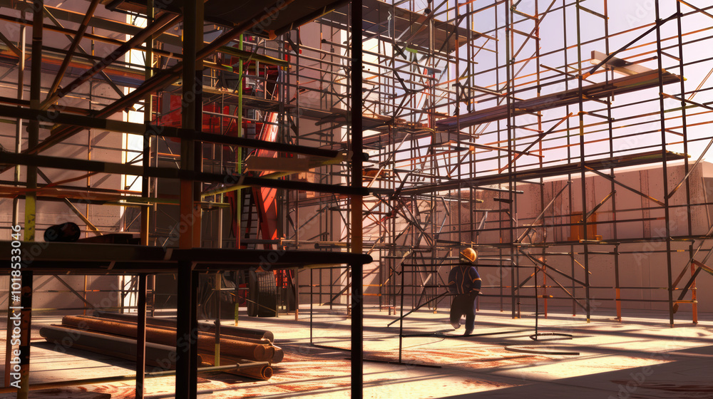 construction site filled with scaffolding and equipment, showcasing worker in hard hat amidst busy environment. warm light creates dynamic atmosphere of productivity and safety construction site filled with scaffolding and equipment, showcasing worker in hard hat amidst busy environment. warm light creates dynamic atmosphere of productivity and safety