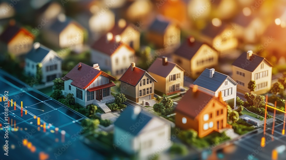 Arrows and houses on a graph representing positive growth in the real estate sector. Arrows and houses on a graph representing positive growth in the real estate sector.