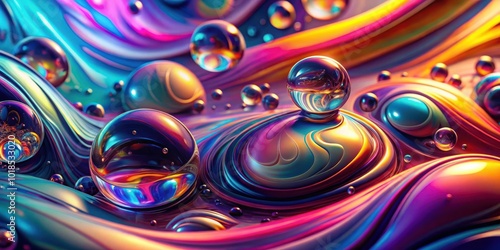 Abstract iridescent spheres on a swirling, liquid-like surface, showcasing vibrant colors and shimmering reflections