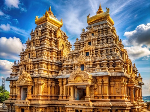 Golden domes glisten above intricate stone carvings in South India, a testament to the rich heritage and craftsmanship of ancient Hindu architecture. photo