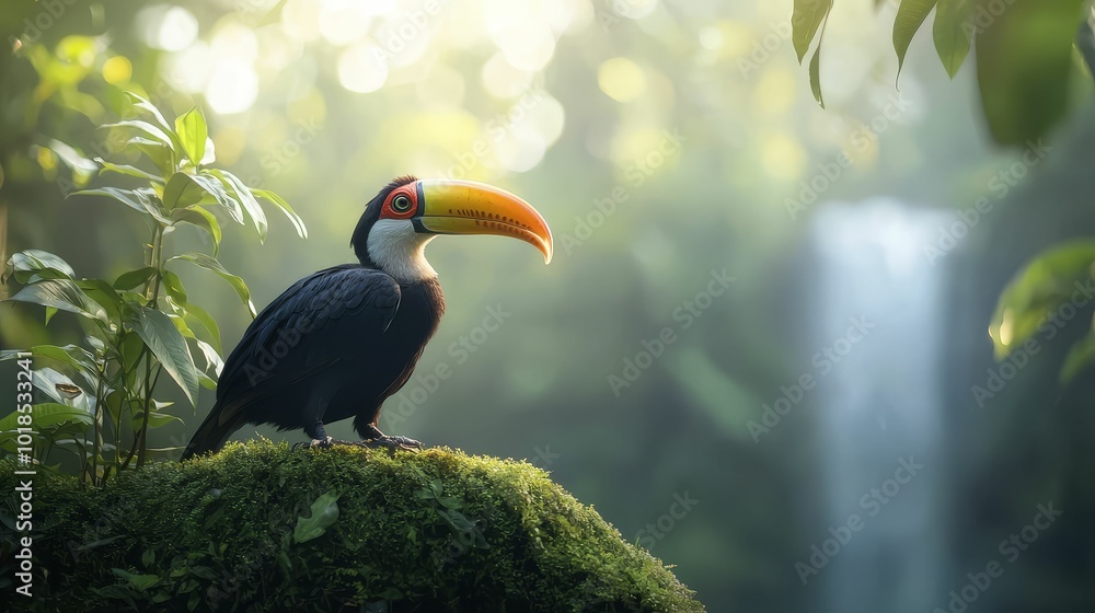 Fototapeta premium Hornbill standing near a waterfall in a lush jungle, mist rising from the water, vibrant atmosphere