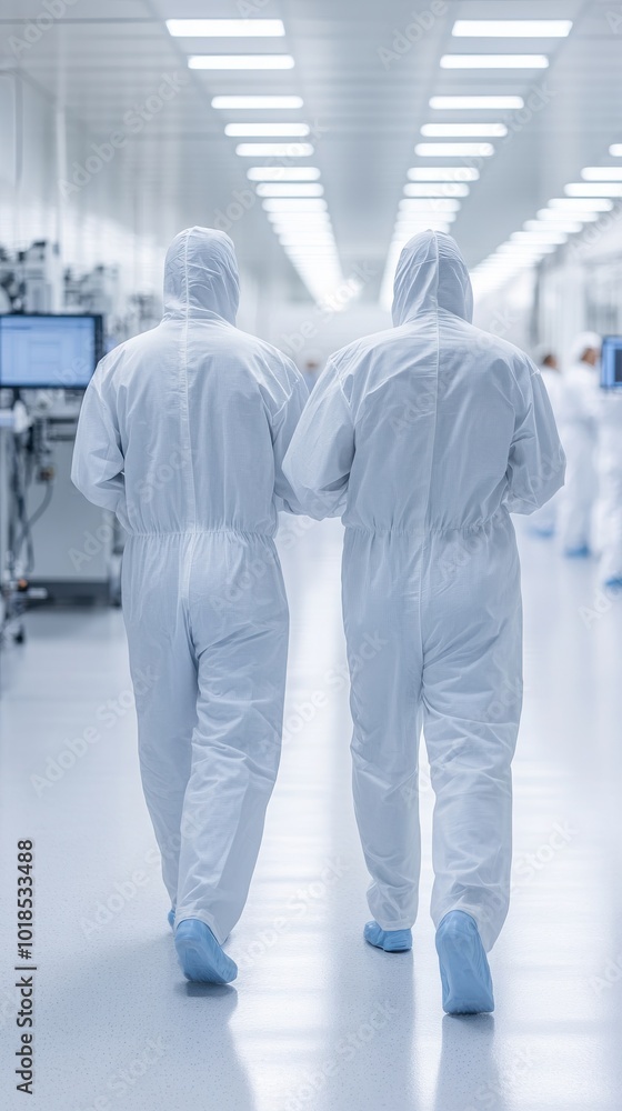 Professionals in protective suits walk in a cleanroom, emphasizing safety and hygiene in a high-tech environment. Professionals in protective suits walk in a cleanroom, emphasizing safety and hygiene in a high-tech environment.