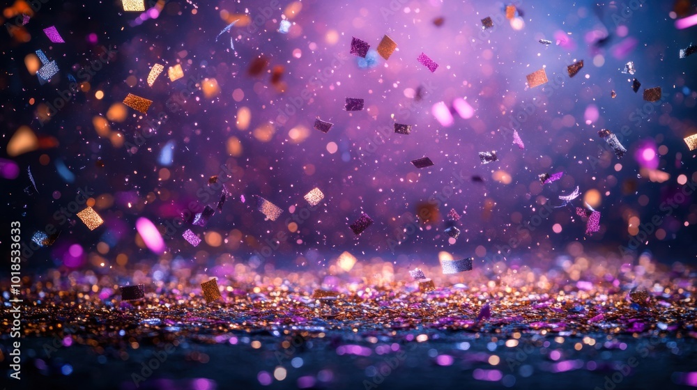 Confetti raining over, deep purple background, silver and gold streamers, sparkling effect, celebratory design with copy space. Confetti raining over, deep purple background, silver and gold streamers, sparkling effect, celebratory design with copy space.