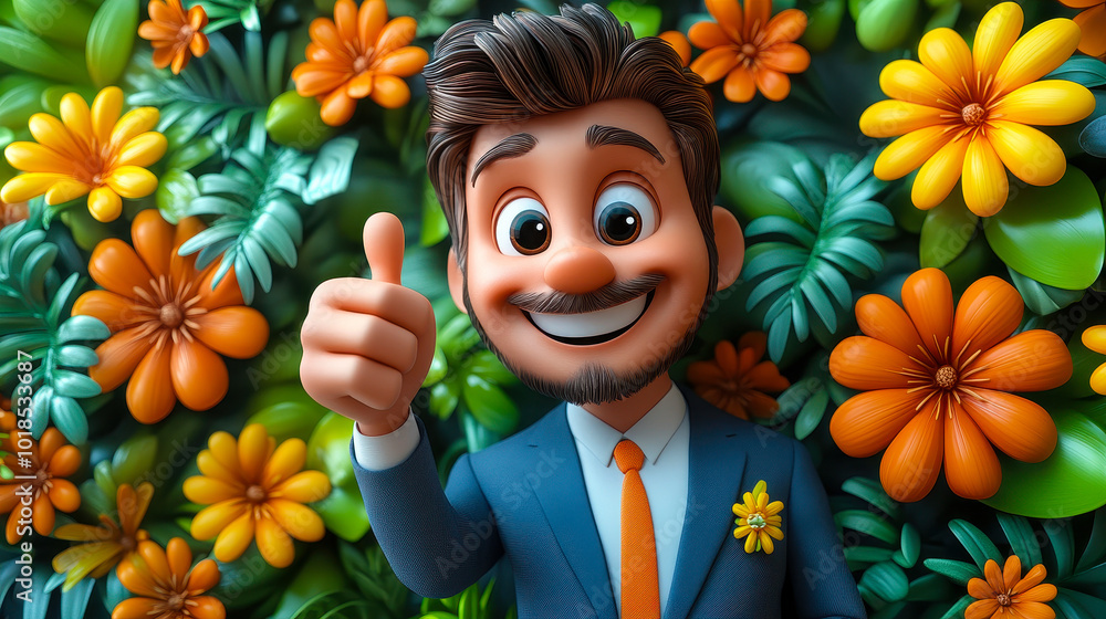 3D Cartoon Businessman Smiling and Showing Thumbs Up Gesture Amidst Vibrant Flowers - Positive Approval and Success Concept 3D Cartoon Businessman Smiling and Showing Thumbs Up Gesture Amidst Vibrant Flowers - Positive Approval and Success Concept