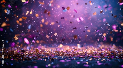Confetti raining over, deep purple background, silver and gold streamers, sparkling effect, celebratory design with copy space.