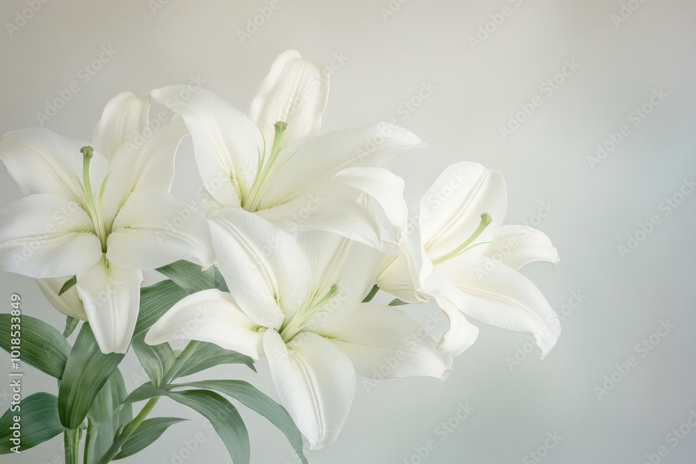 Fototapeta premium Elegant white lilies on a soft pastel background highlighting natural beauty and tranquility