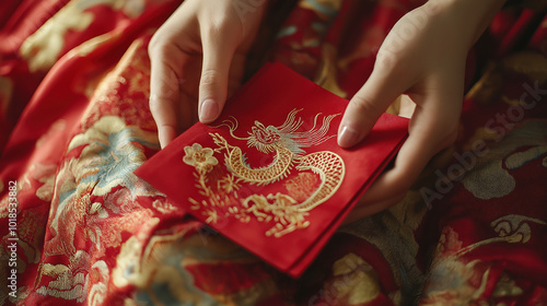 Elegant hands holding a red dragon embroidered envelope on ornate fabric
