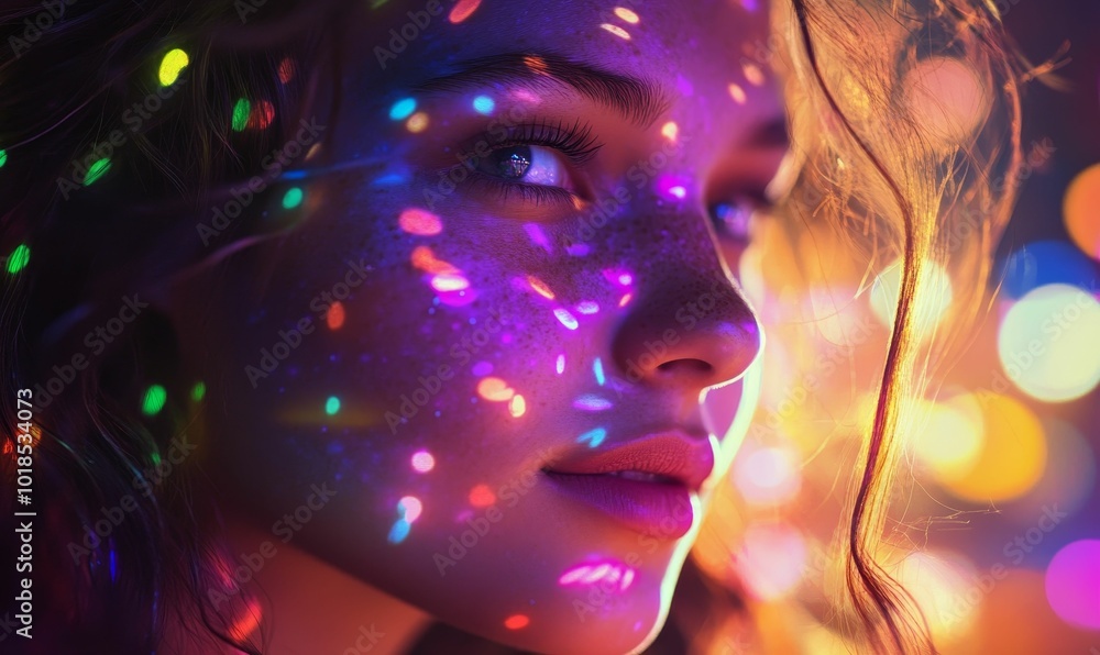 Woman's face illuminated by colorful lights. Woman's face illuminated by colorful lights.
