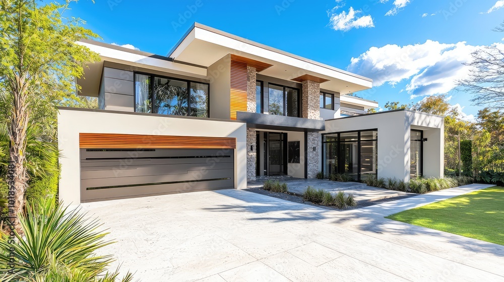 Modern house surrounded by greenery, featuring sleek architecture and a welcoming entrance, perfect for showcasing contemporary living. Modern house surrounded by greenery, featuring sleek architecture and a welcoming entrance, perfect for showcasing contemporary living.