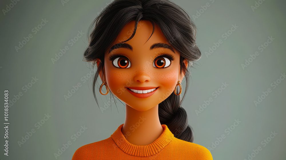 Smiling Indian Cartoon Woman in Modern Clothes, 3D Style Portrait, Expressive and Joyful, Young Female Character with Braided Hair, Friendly and Happy, Light Background Concept Smiling Indian Cartoon Woman in Modern Clothes, 3D Style Portrait, Expressive and Joyful, Young Female Character with Braided Hair, Friendly and Happy, Light Background Concept