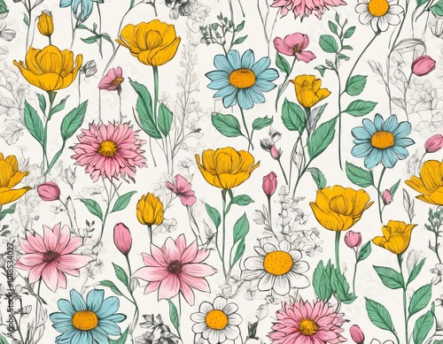 Wallpaper Mural Colorful floral pattern with assorted flowers on a pale background suitable for fabric or wallpaper Torontodigital.ca