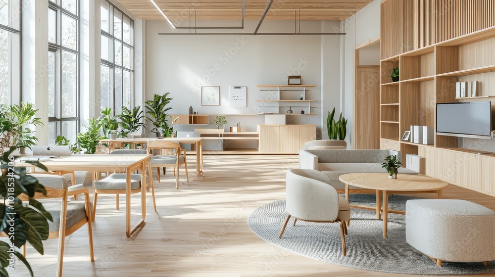 Modern interior design featuring a bright, airy space with wooden furniture and indoor plants, perfect for relaxation or work. Modern interior design featuring a bright, airy space with wooden furniture and indoor plants, perfect for relaxation or work.