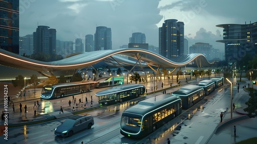 Innovative public transportation hub with electric buses and modern architecture