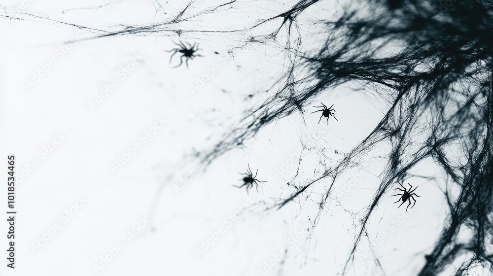 Fototapeta premium Black spider webs draped on a white background, tiny spiders dangling from threads, adding a spooky border effect