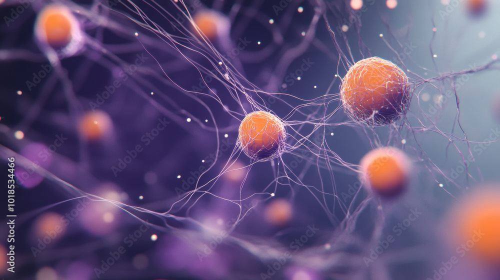 Microscopic image of small orange globules connected by delicate filaments, showcasing intricate cellular structures in vibrant, abstract environment. composition evokes sense of wonder and Microscopic image of small orange globules connected by delicate filaments, showcasing intricate cellular structures in vibrant, abstract environment. composition evokes sense of wonder and