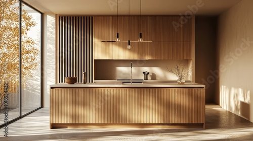 Modern kitchen featuring minimalist design, sleek wooden cabinets, and natural light creating a warm atmosphere.