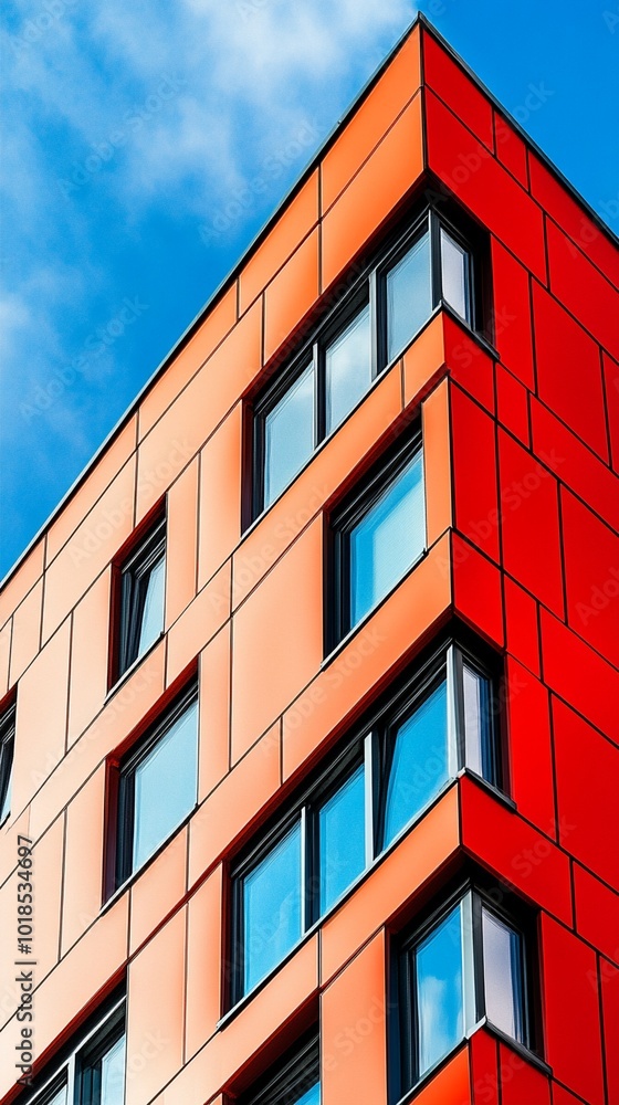 Vibrant red geometric facade of modern building with large windows reflecting blue sky, showcasing bold architectural design and urban aesthetics. Vibrant red geometric facade of modern building with large windows reflecting blue sky, showcasing bold architectural design and urban aesthetics.