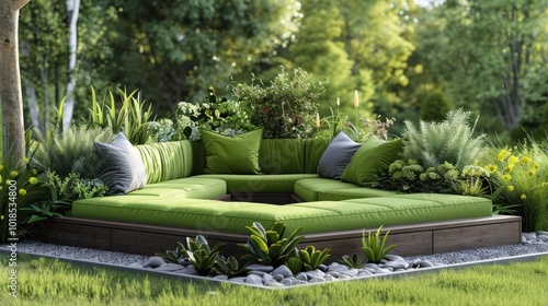 Cozy outdoor daybed nestled in a lush verdant garden setting creating a peaceful and tranquil retreat for relaxation comfort and therapeutic escape from the everyday