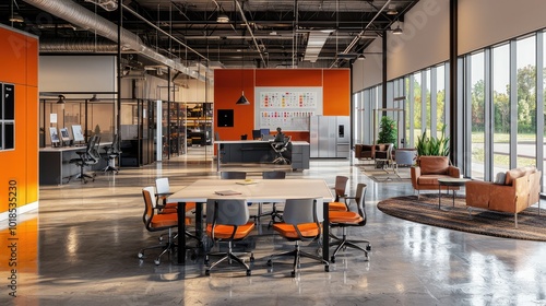 Modern office interior featuring bright orange accents, collaborative workspace, and large windows for natural light. photo