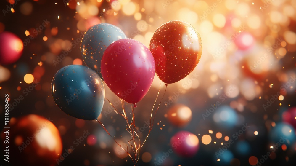 Dynamic New Year Eve background showcasing colorful balloons against a backdrop of twinkling confetti and soft-focus floral elements. Dynamic New Year Eve background showcasing colorful balloons against a backdrop of twinkling confetti and soft-focus floral elements.