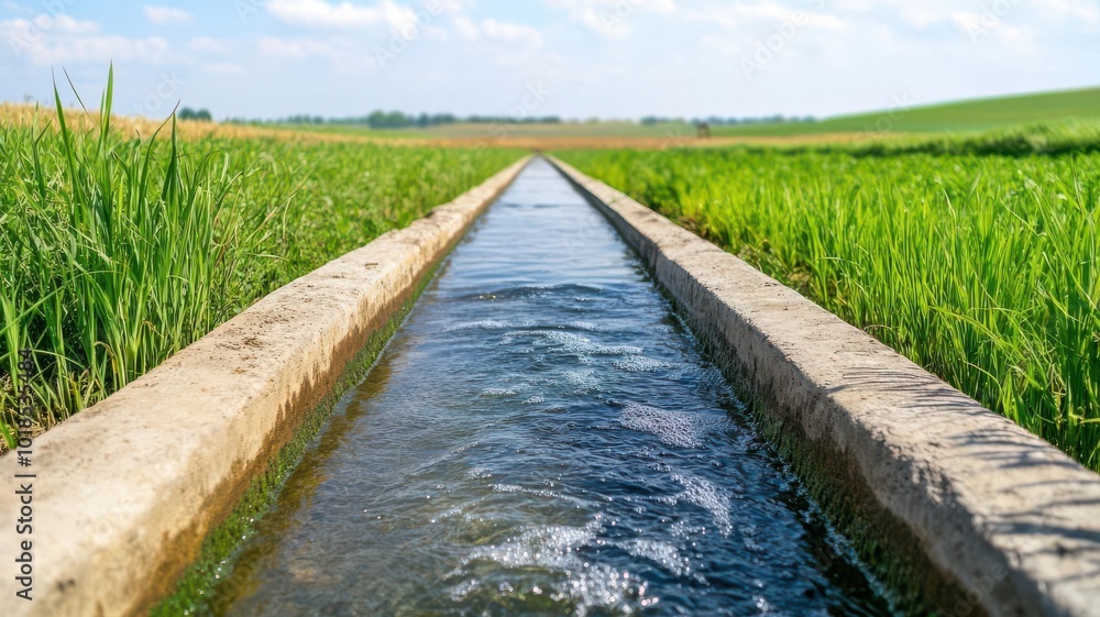 Water being diverted through an irrigation system, symbolizing humanity s ability to channel water s energy for growth, water irrigation, agricultural water power Water being diverted through an irrigation system, symbolizing humanity s ability to channel water s energy for growth, water irrigation, agricultural water power
