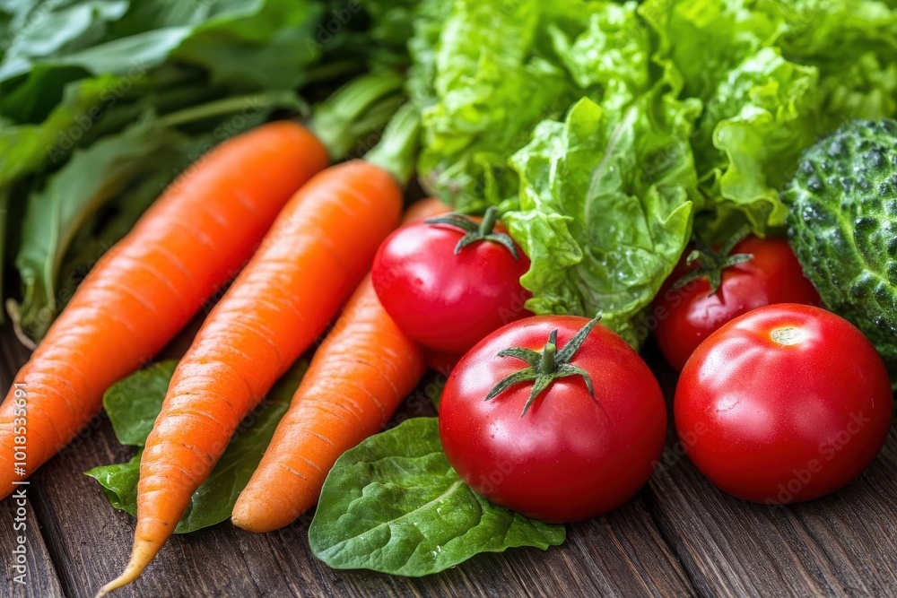 Fresh vegetables including carrots, tomatoes, and lettuce on a wooden table, perfect for healthy cooking and recipes. Fresh vegetables including carrots, tomatoes, and lettuce on a wooden table, perfect for healthy cooking and recipes.