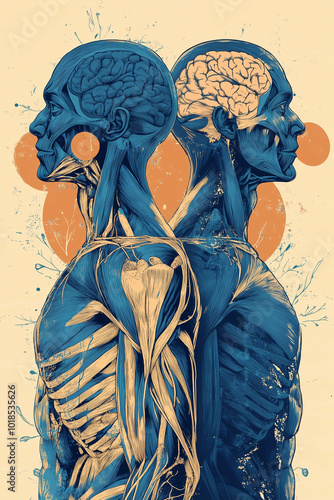 Artistic anatomical illustration of human brain and skeletal system with neural connections
