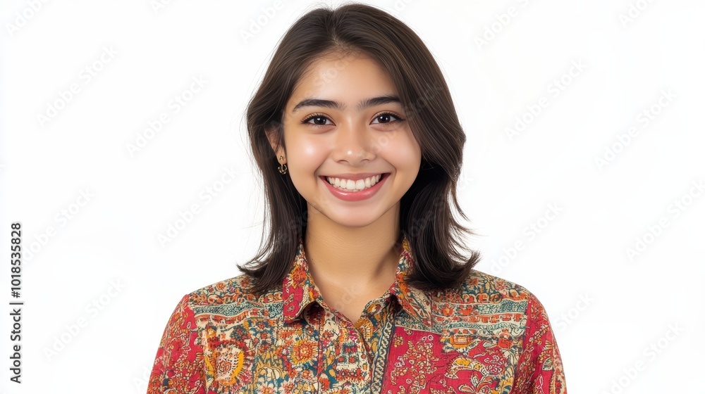 A young woman smiles while wearing traditional Asia attire, featuring intricate patterns and golden accessories. The soft background highlights her elegance and cultural beauty. A young woman smiles while wearing traditional Asia attire, featuring intricate patterns and golden accessories. The soft background highlights her elegance and cultural beauty.