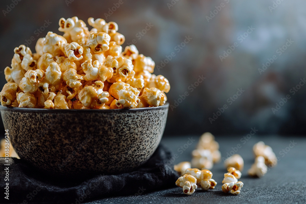 Caramel popcorn in a bowl on a dark background, close-up. The background has ample space for text or design. Caramel popcorn in a bowl on a dark background, close-up. The background has ample space for text or design.
