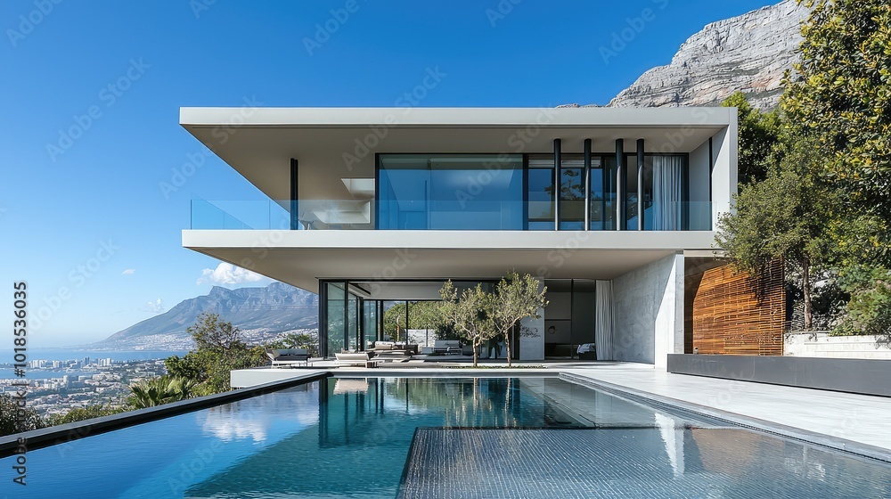 Modern villa with stunning views, expansive pool, and sleek architecture blending with nature's beauty in a luxurious setting. Modern villa with stunning views, expansive pool, and sleek architecture blending with nature's beauty in a luxurious setting.
