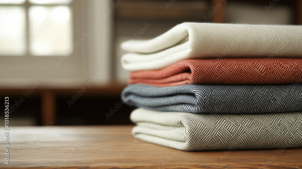 A stack of four different colored blankets on a wooden table A stack of four different colored blankets on a wooden table