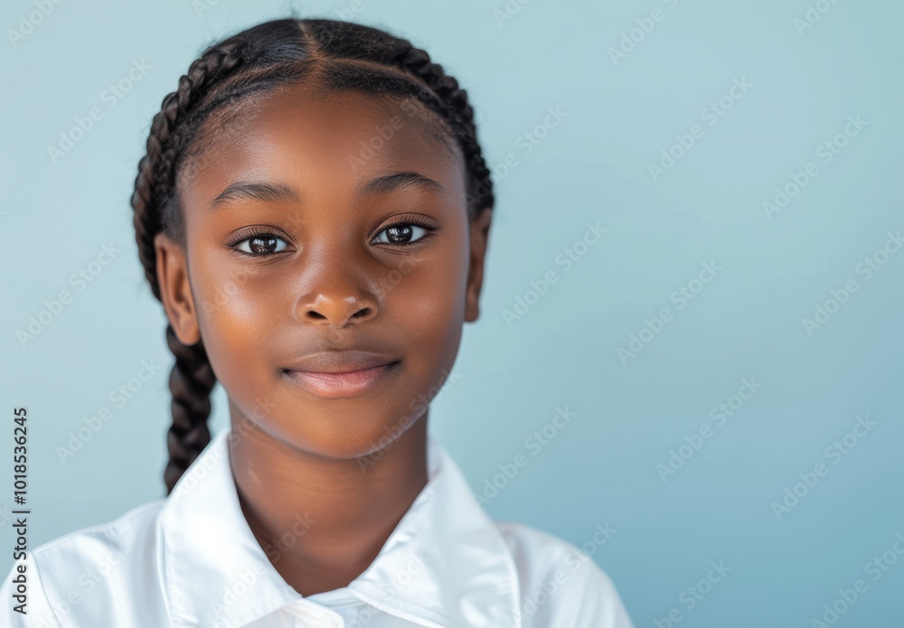 A confident young black girl in a casual cloth smiles warmly against a blue green turquoise background, ideal for promoting inclusivity and positivity in educational campaigns. A confident young black girl in a casual cloth smiles warmly against a blue green turquoise background, ideal for promoting inclusivity and positivity in educational campaigns.