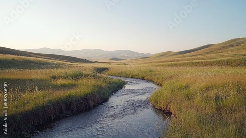 Scenic view of a tranquil stream flowing through lush green meadows under a clear blue sky, surrounded by rolling hills.