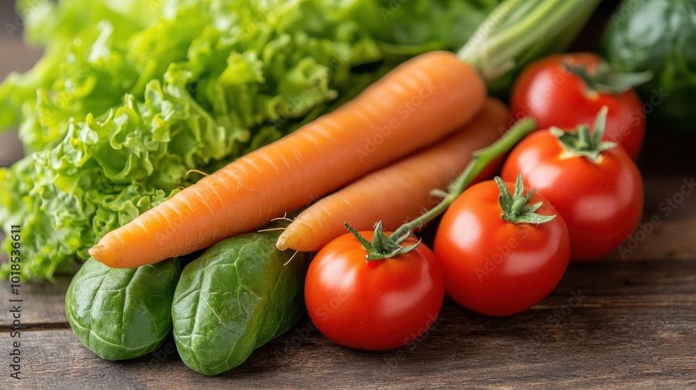 Fresh vegetables including lettuce, carrot, tomatoes, and spinach arranged on a wooden surface for a healthy meal concept. Fresh vegetables including lettuce, carrot, tomatoes, and spinach arranged on a wooden surface for a healthy meal concept.