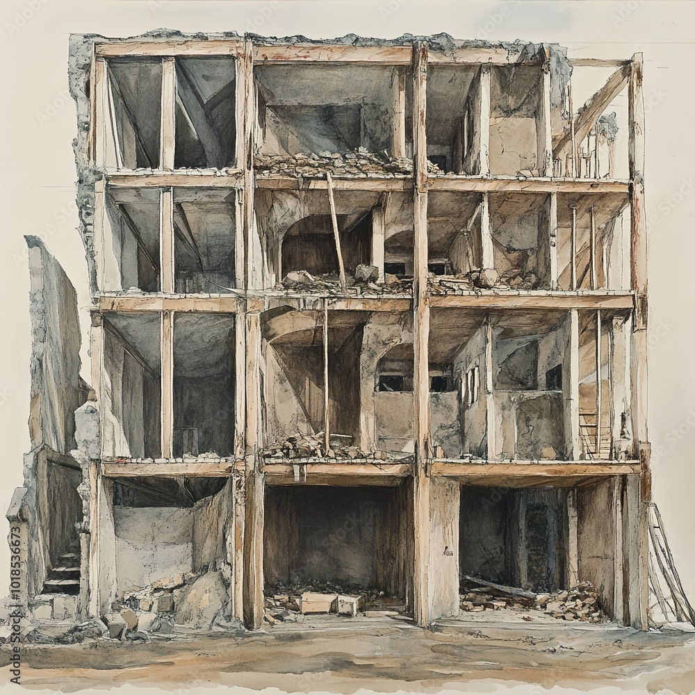 Ruined Building: A Watercolor Depiction of Urban Decay Ruined Building: A Watercolor Depiction of Urban Decay