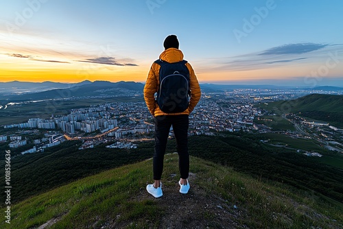 A person standing on a hill overlooking a town, reminiscing about the changes from yesterday, with a blend of past and present visible in the landscape, symbolizing reflection and change photo