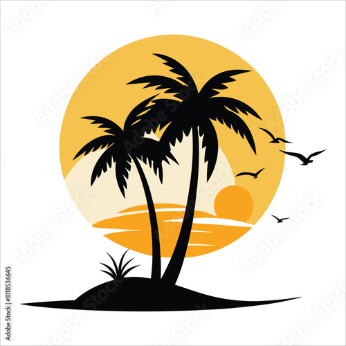 Flat sunset background with palm trees silhouette against nature background