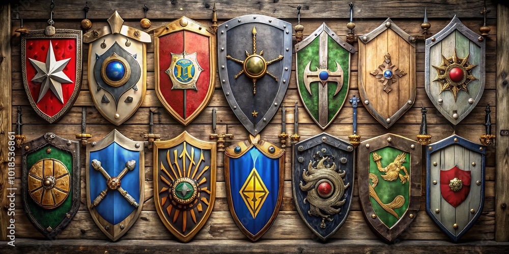 Strong Emblems Majestic symbols of strength and justice adorn shields, banners, and ...