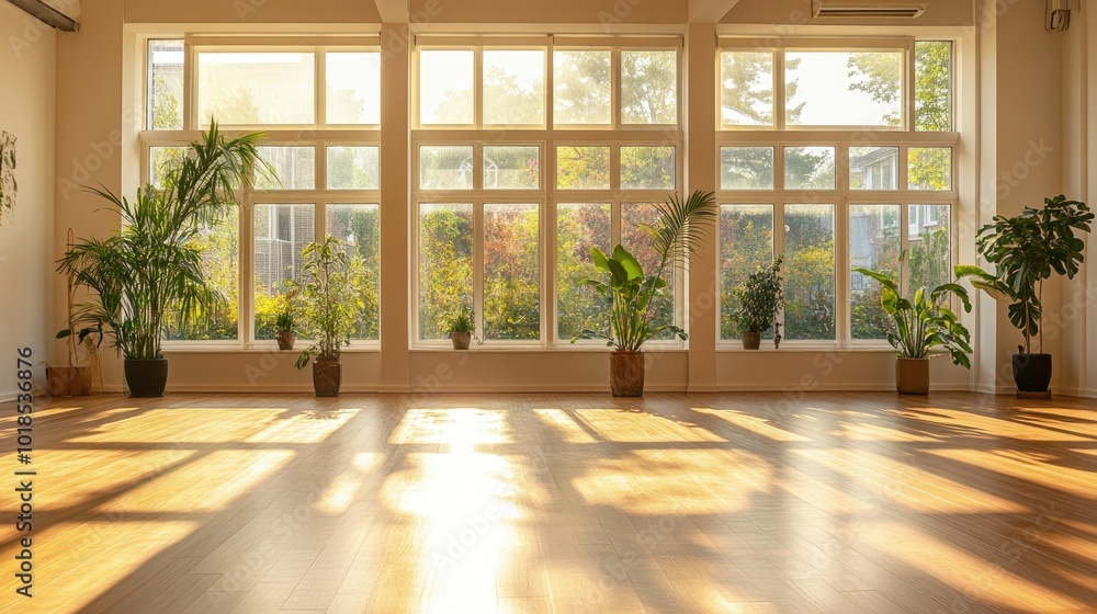 Bright and airy yoga studio with large windows, sunlight creating a serene and tranquil environment Bright and airy yoga studio with large windows, sunlight creating a serene and tranquil environment
