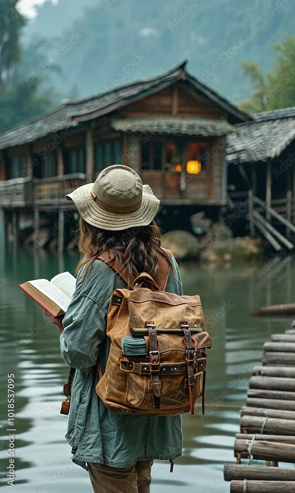 Asian lady traveller carrying a backpack Taking a coffee break outside while reading a book while sitting on the quayside Asian lady traveller carrying a backpack Taking a coffee break outside while reading a book while sitting on the quayside