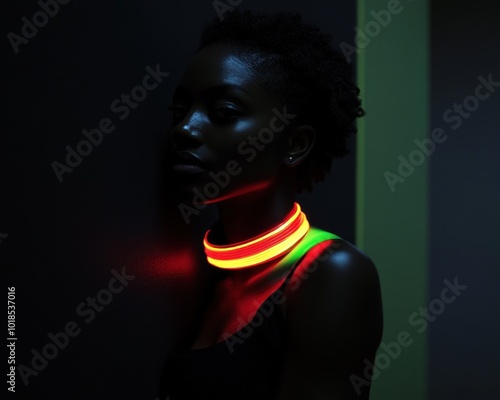 Model with red glowing necklace on dimly lit corridor