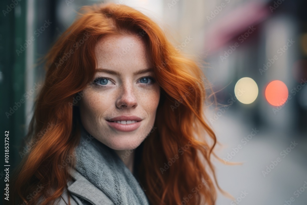 Closeup portrait of a beautiful young redhead woman in the city Closeup portrait of a beautiful young redhead woman in the city