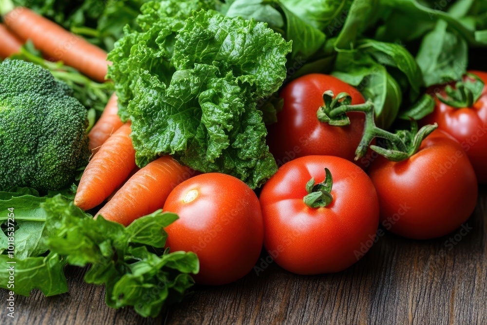 Fresh vegetables including tomatoes, lettuce, carrots, and broccoli arranged beautifully on a wooden surface. Fresh vegetables including tomatoes, lettuce, carrots, and broccoli arranged beautifully on a wooden surface.